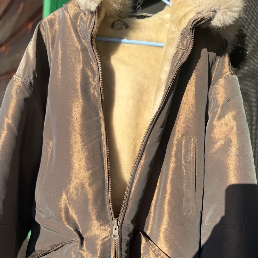 John Weitz Women's Shimmering Tan Snow Jacket with Fox Fur Ruff